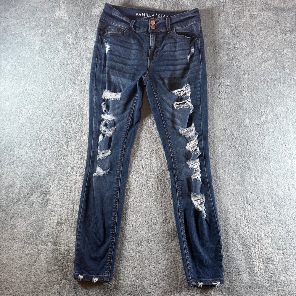 Vanilla Star Mid Rise Skinny Jeans Dark Wash Distressed Ripped Denim Size 7
